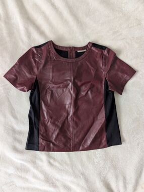 Halogen Burgundy Real Leather Short Sleeve Top with Black Panels